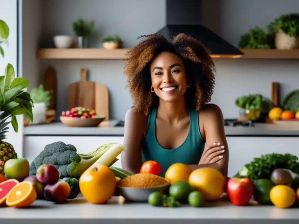 Una persona relajada disfruta de una variedad de alimentos frescos en una cocina iluminada. <b>Alimentación intuitiva para superar desórdenes alimentarios.