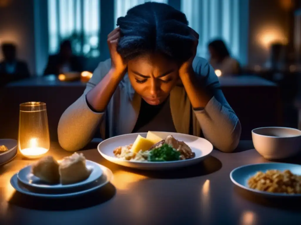 Una persona solitaria se sienta en una mesa, con el rostro entre las manos, rodeada de platos vacíos y comida dispersa. La luz tenue crea una atmósfera sombría y reflexiva, transmitiendo la compleja relación entre el comer emocional y la salud.