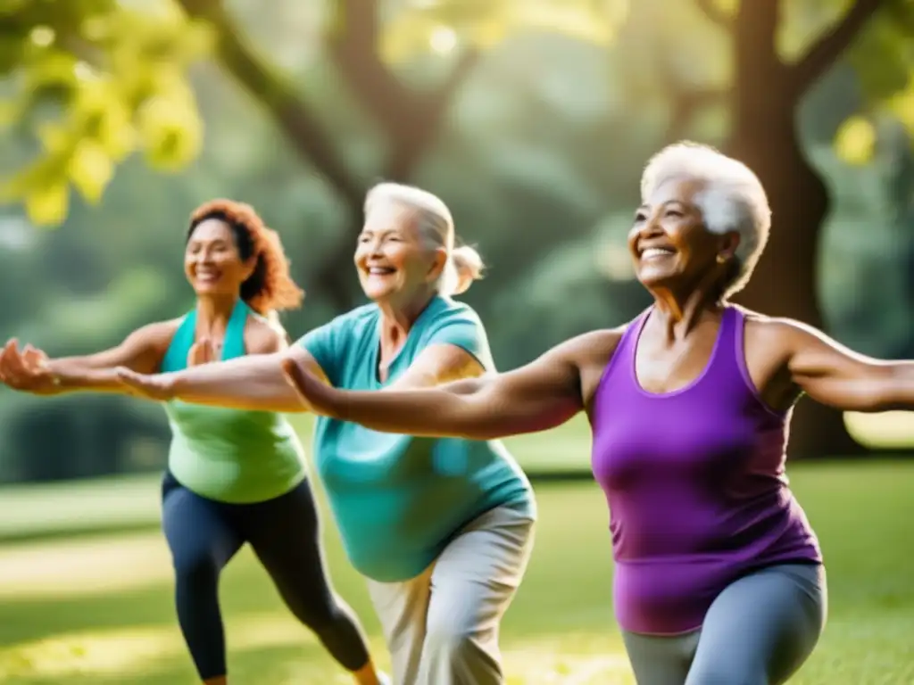 'Personas mayores disfrutando de una clase de ejercicio al aire libre, transmitiendo vitalidad y compañerismo. <b>Consejos para mantener un peso saludable.'