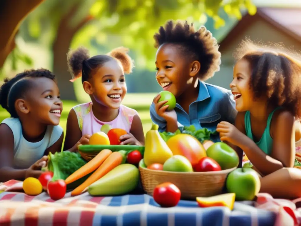 Un picnic lleno de alegría con niños comiendo frutas y verduras frescas, promoviendo la alimentación saludable para el desarrollo infantil.