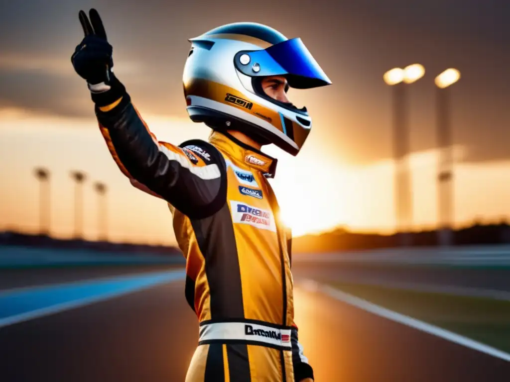 Un piloto de carreras profesional celebra el triunfo junto a su auto de alto rendimiento en una pista, con el sol poniéndose. <b>La imagen irradia emoción y logros en el mundo de las carreras de automovilismo.</b> <b>Nutrición para pilotos automovilismo.