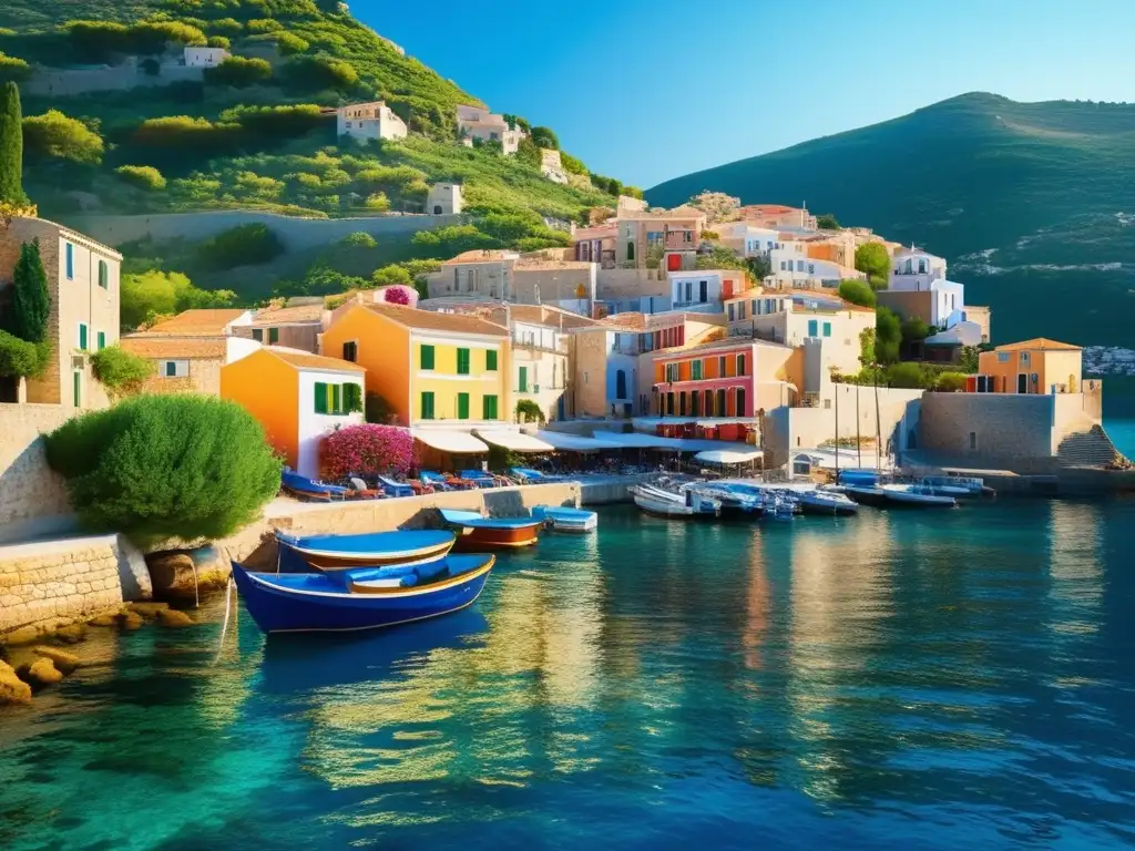 Un pintoresco pueblo mediterráneo con coloridas casas en cascada, aguas cristalinas y un paisaje bañado por la luz dorada. <b>Llena de serenidad y vida saludable, capturando la esencia de la dieta mediterránea.