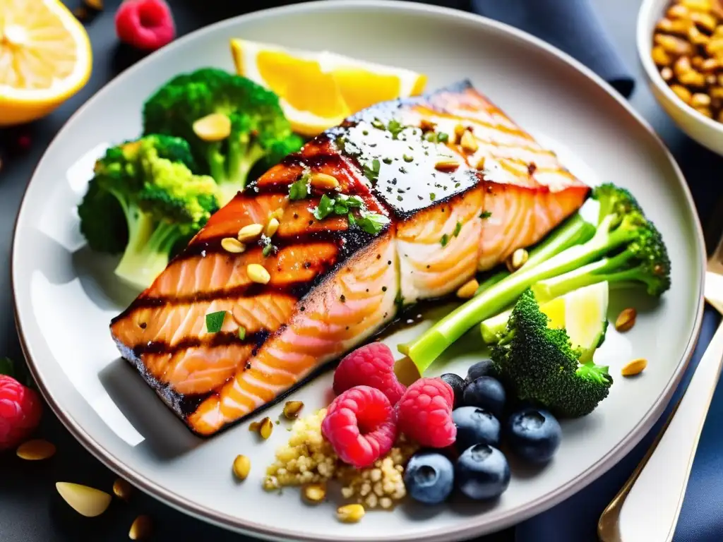 Un plato de alimentos coloridos y cardiosaludables para bajar el colesterol, armoniosamente dispuestos en un ambiente cálido y acogedor.