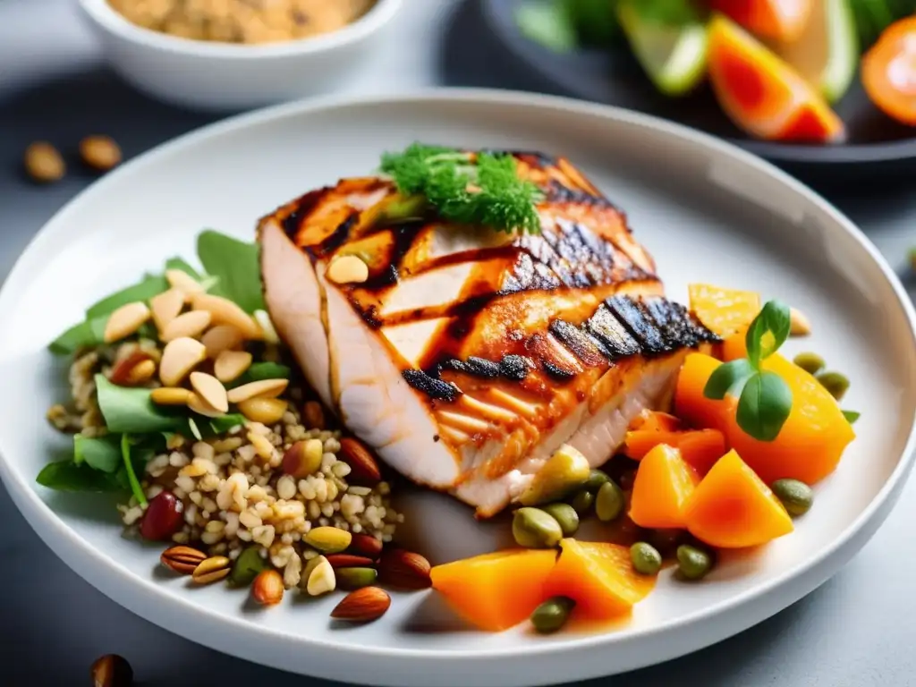 Un plato blanco moderno lleno de variedad de alimentos ricos en proteínas. <b>Importancia de los macronutrientes en la dieta.