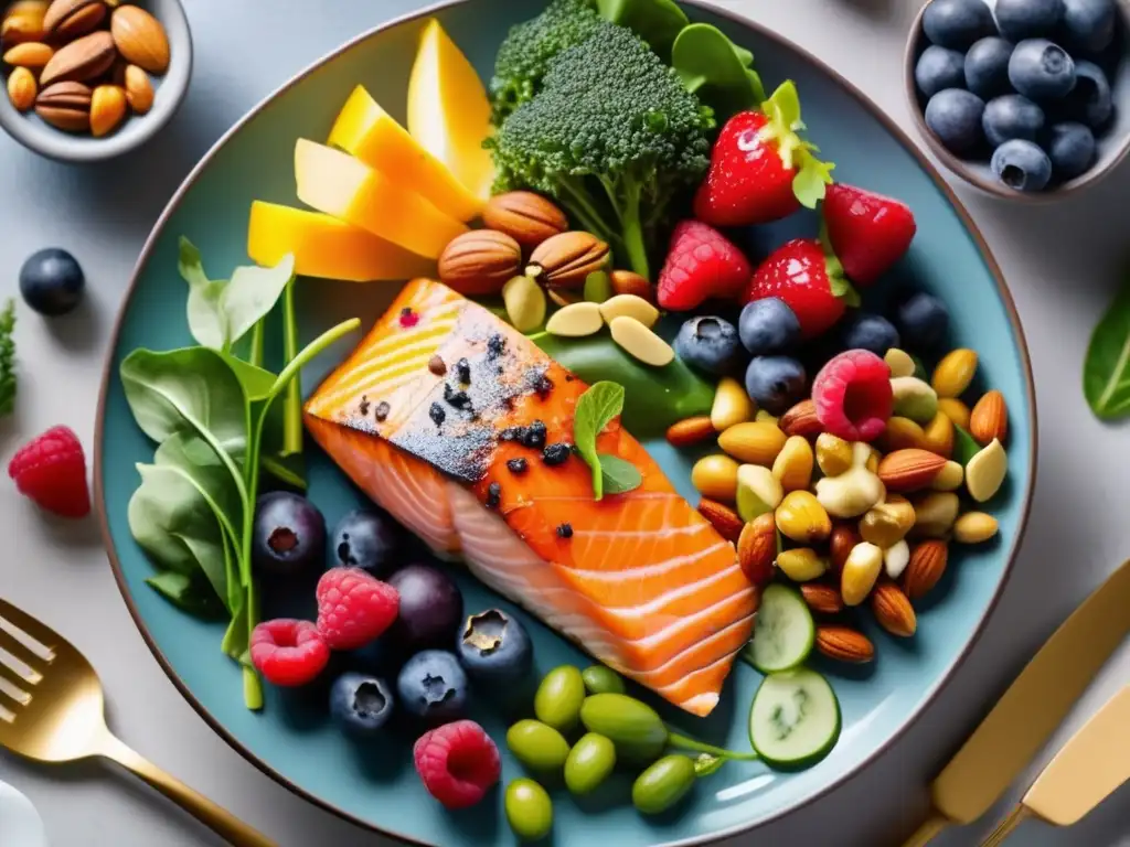 Un plato colorido con alimentos ricos en nutrientes para el manejo del lupus, en una cocina moderna. <b>Plan alimenticio para manejo del lupus.