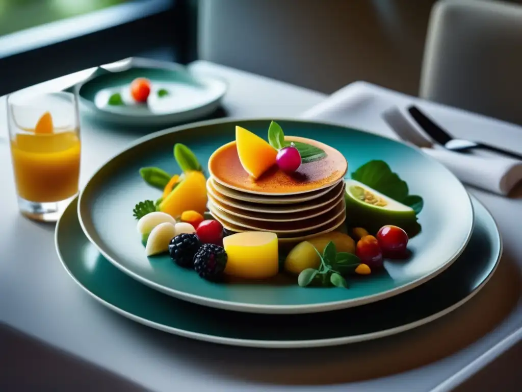 Un plato de comida vibrante y colorida, con texturas y sabores variados, en un ambiente elegante que fomenta el apetito en personas mayores.