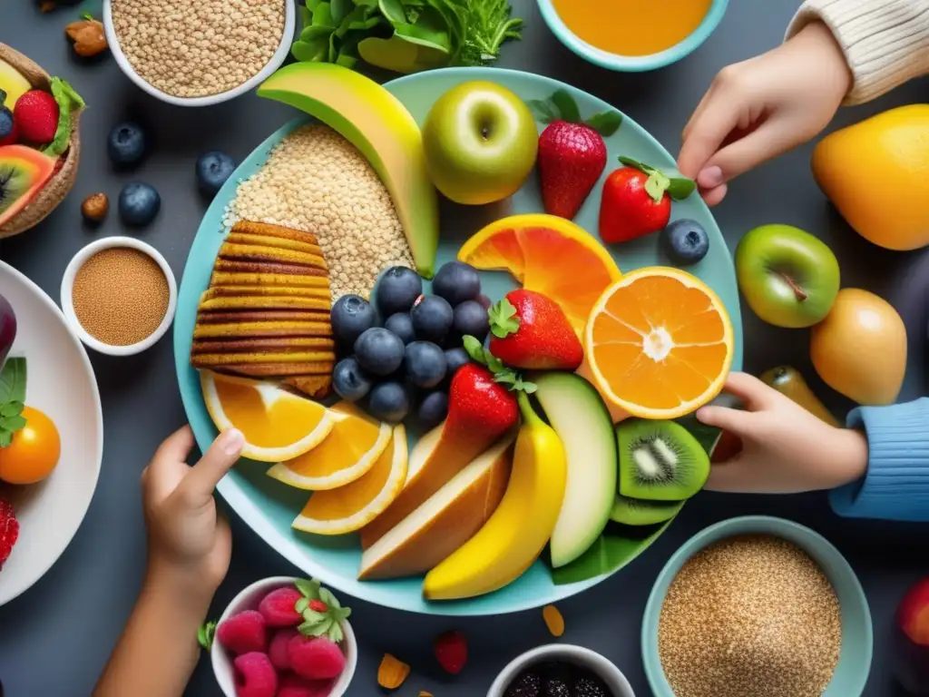 Plato saludable: niños felices disfrutando de comida colorida y fresca