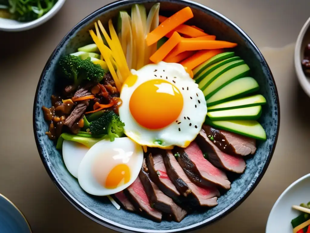 Un plato de bibimbap coreano saludable con ingredientes frescos y coloridos en un bol de piedra, mostrando la precisión y arte de la cocina coreana.