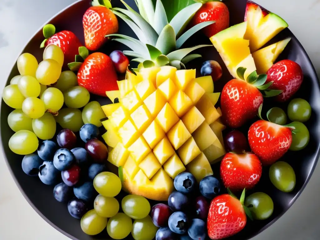 Un plato de frutas frescas y coloridas, perfectas para celebraciones escolares y recetas dulces saludables.