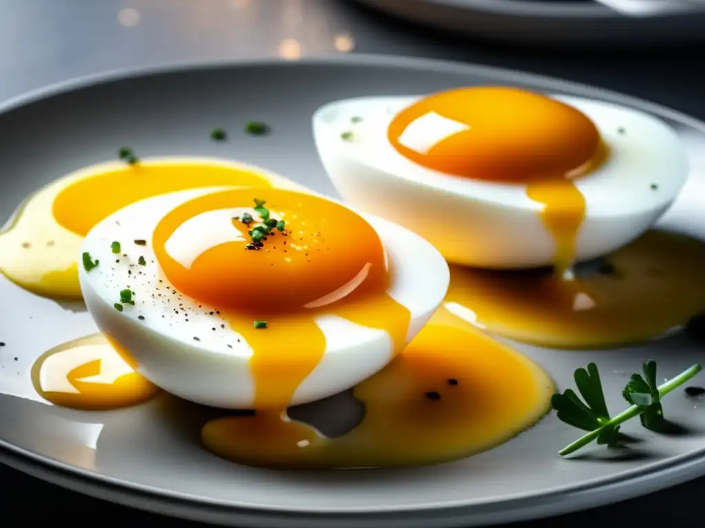 Un plato de huevos fritos con yemas perfectamente cocidas y un toque de cebollino y pimienta. <b>Luz natural resalta cada detalle.</b> <b>Huevos y colesterol: mitos desmentidos.