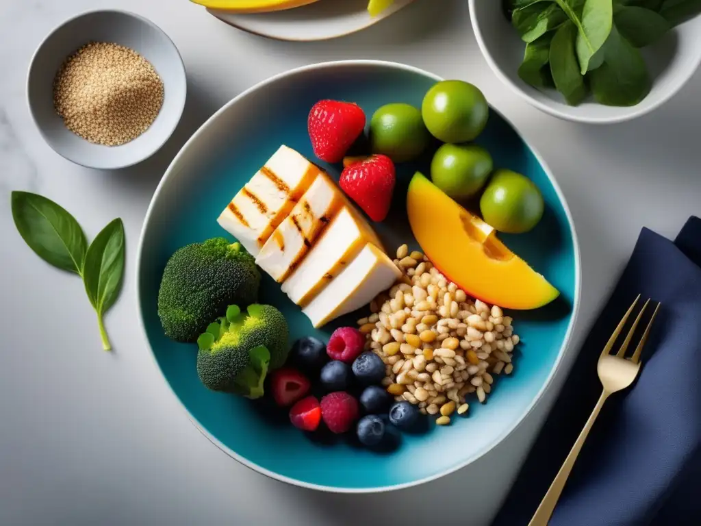 Un plato lleno de frutas, verduras, granos enteros y proteínas magras, en un entorno moderno y minimalista. <b>Desmitiendo mitos dieta atleta.