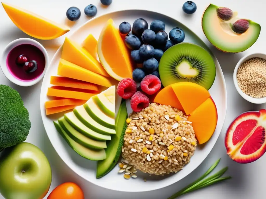 Un plato saludable y vibrante con frutas, verduras, proteínas magras y granos enteros. <b>Interpretando Guías Alimentarias Platos Saludables.