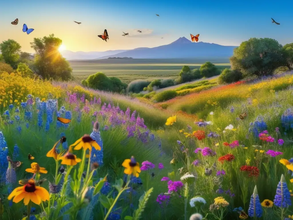 Un prado exuberante y vibrante de coloridas flores silvestres nativas, con insectos y aves entre ellas. <b>La importancia de proteger especies nativas.