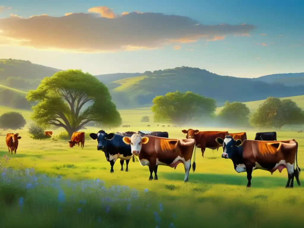 Prado verde con ganado pastando entre flores silvestres Un prado verde exuberante con ganado pastando en armonía con la naturaleza, simbolizando la sostenibilidad y el impacto de la ganadería intensiva en el cambio climático.