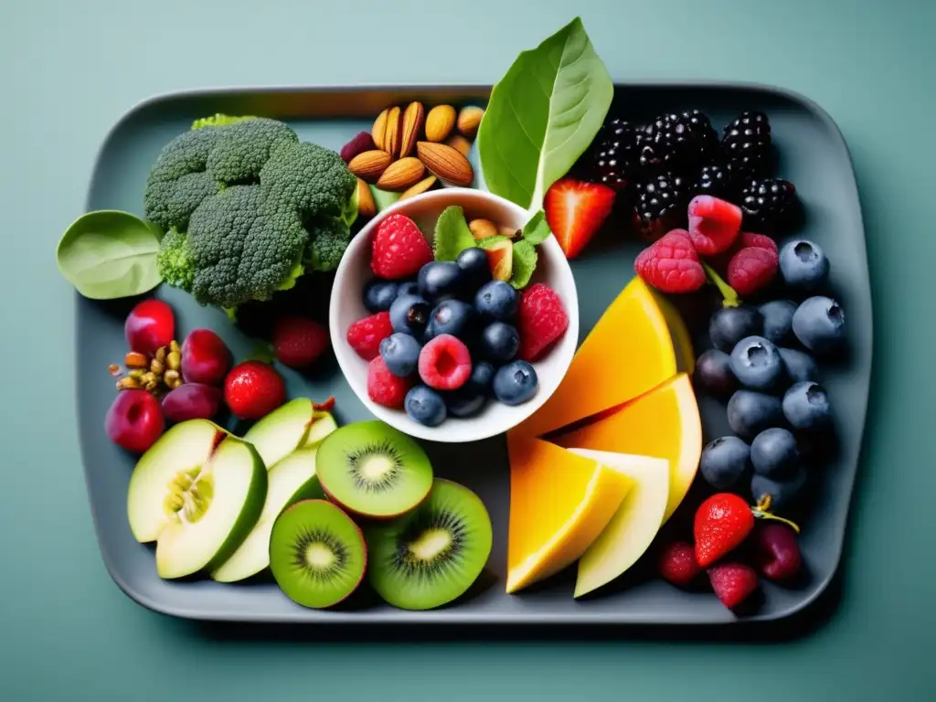 Una presentación artística de alimentos antiinflamatorios en dieta vegana, con vibrantes colores y frescura natural.