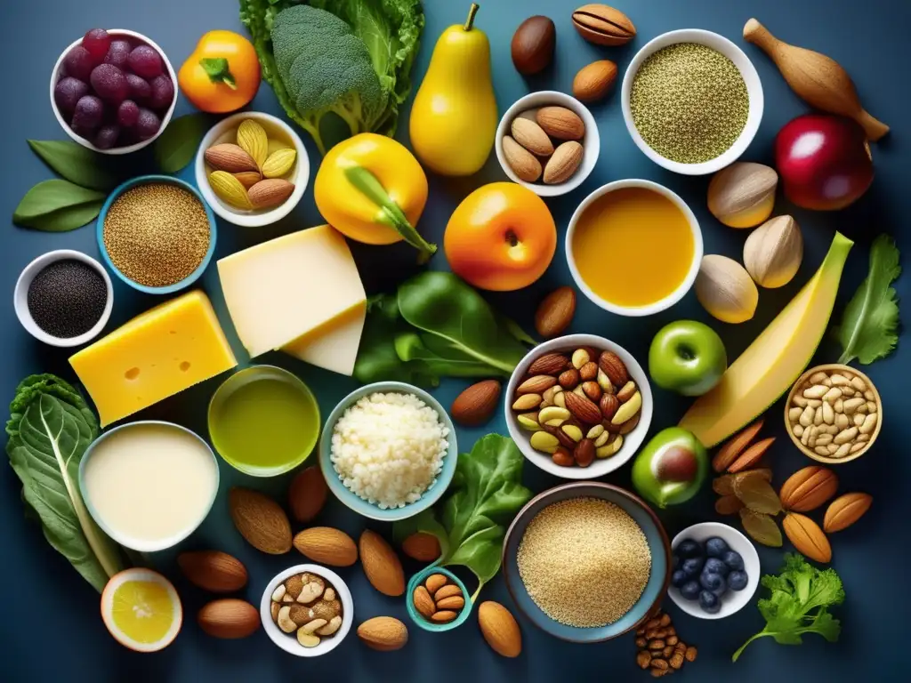 Una presentación artística de alimentos variados y coloridos, resaltando su frescura y valor nutricional para promover la prevención de la osteoporosis a través de una alimentación saludable.