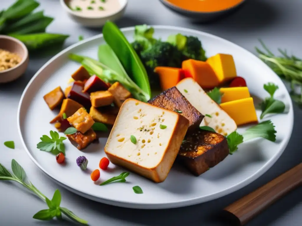 Una presentación vibrante y moderna de alternativas de carne vegetal con tofu, seitán, tempeh, y Beyond Meat. <b>Beneficios de las carnes alternativas.