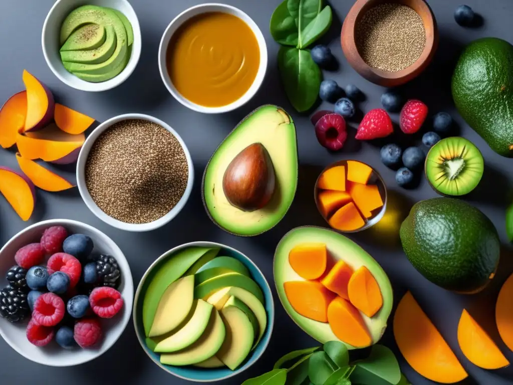 Una presentación vibrante de sustitutos saludables para alergia frutos secos: aguacate, semillas, bayas, vegetales, en una elegante bandeja.