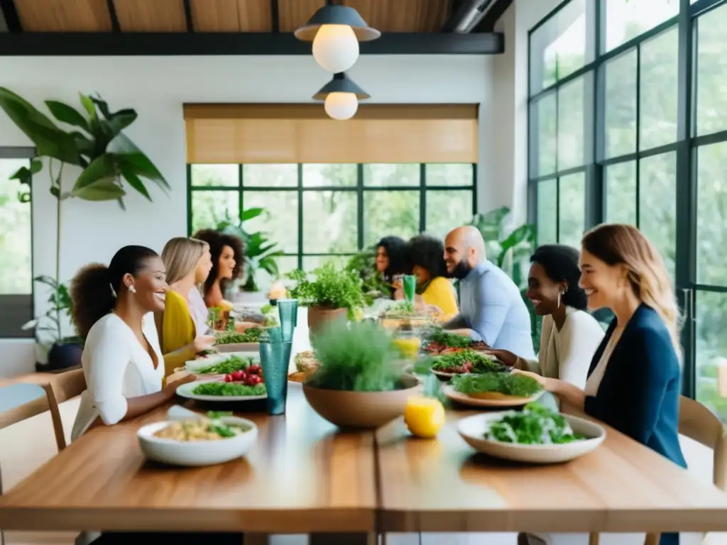 Profesionales disfrutan de una comida consciente en una oficina luminosa y relajada. <b>Alimentación consciente en el trabajo.