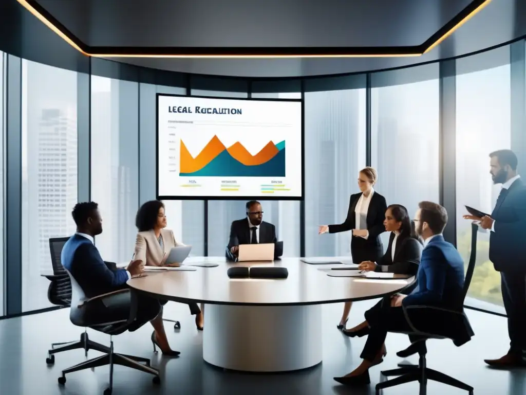 Profesionales debatiendo marco legal alimentos funcionales en moderna sala de juntas. <b>Gráficos en pantalla.