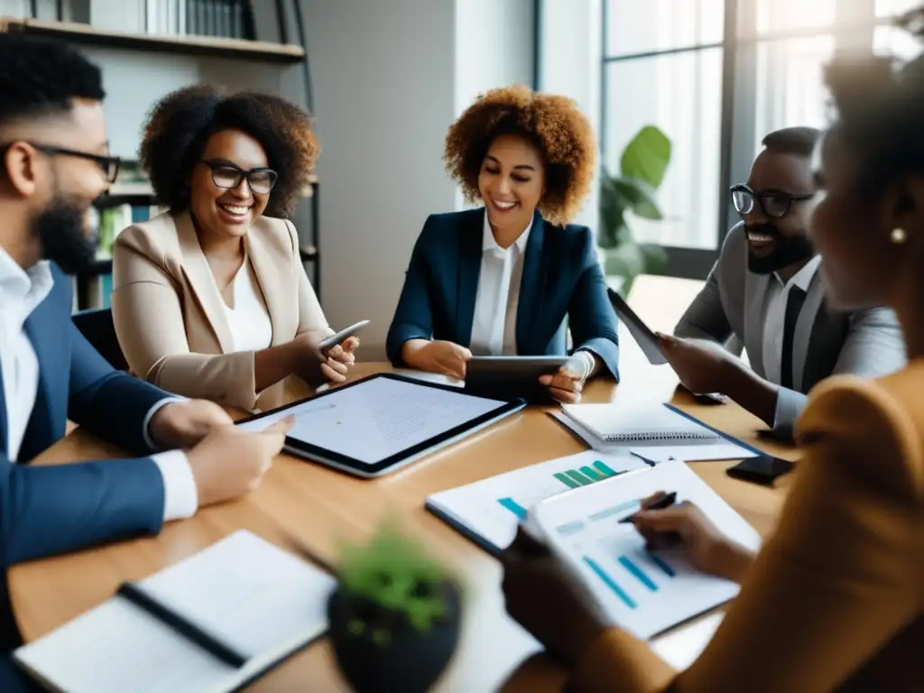 Profesionales colaborando en redes de apoyo para comer emocional. Discusión, conocimiento y apoyo en un ambiente cálido y luminoso.