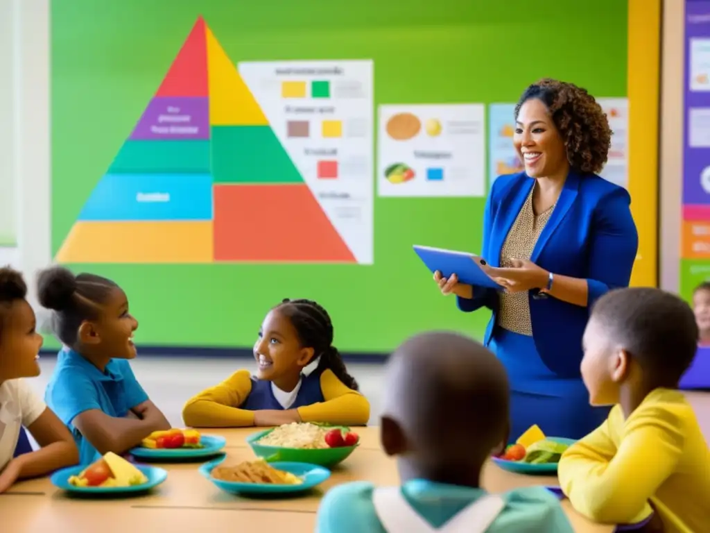 Un programa educativo nutricional efectivo en la escuela, donde los niños participan con entusiasmo, rodeados de colores vibrantes y luz natural.