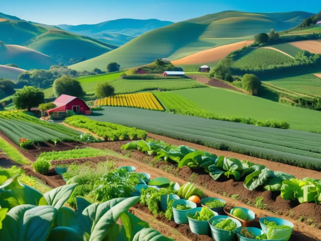 Granja orgánica diversa: belleza y abundancia Un próspero huerto orgánico diverso, cultivado por personas, bajo un cielo azul. Destaca la importancia de la diversidad para la nutrición y sostenibilidad en contraste con los monocultivos.