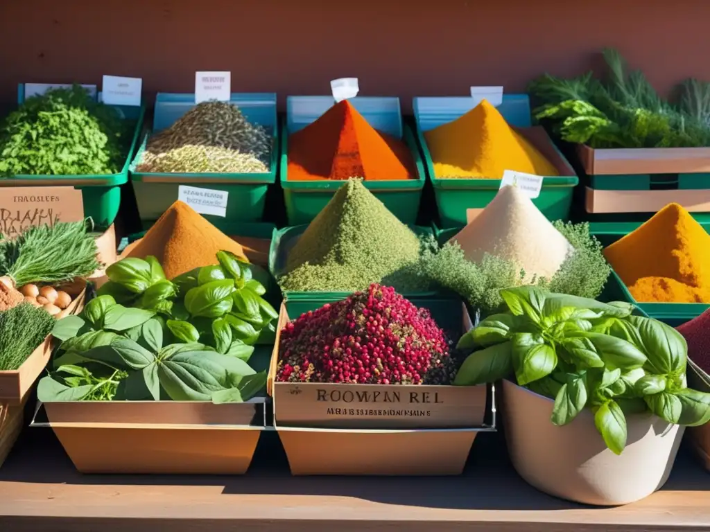 Un puesto de mercado rebosante de hierbas y especias frescas y coloridas, bañado por la luz del sol. <b>Beneficios aromatizantes naturales alimentación.