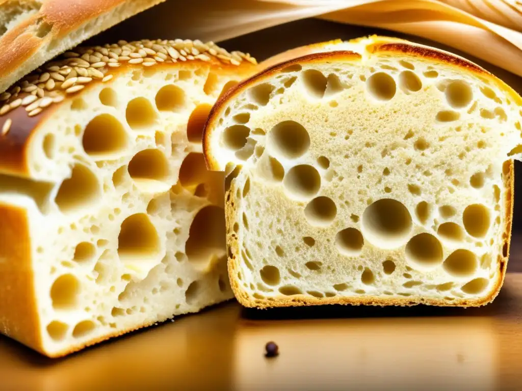 Dos rebanadas de pan, una de grano entero y la otra blanca, con texturas detalladas. <b>Resalta los beneficios del pan de grano entero.