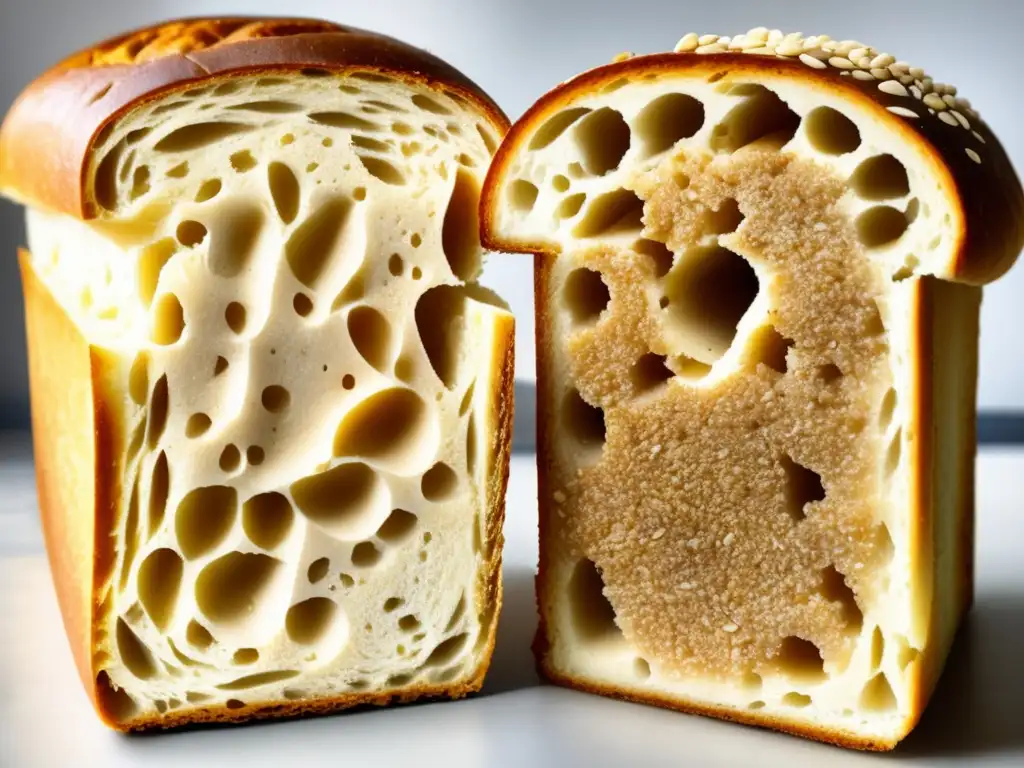 Dos rebanadas de pan, una de grano entero con textura rica y la otra de harina blanca, resaltando los beneficios del pan de grano entero.