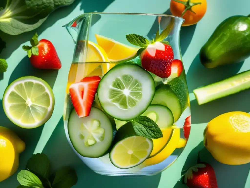 Una refrescante combinación de frutas y verduras en una jarra de agua, con condensación brillante. <b>Rehidratantes naturales para deportistas.