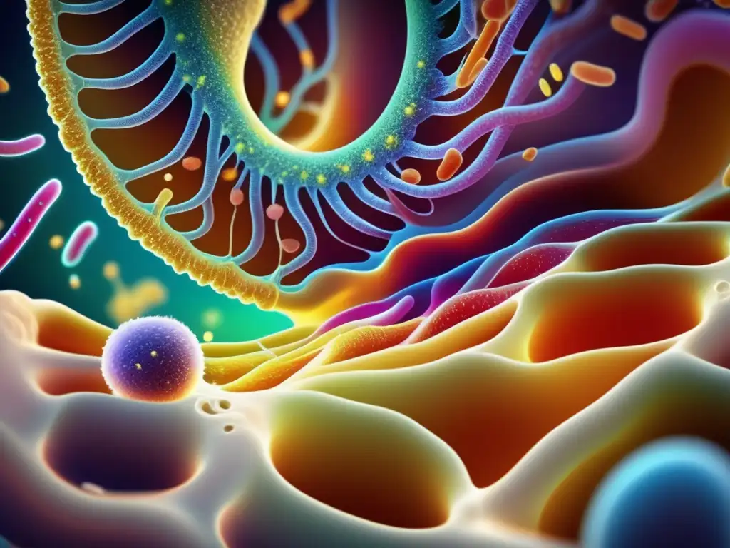 Una representación detallada y colorida de la flora intestinal humana, resaltando la relación entre el ayuno intermitente y la salud digestiva.