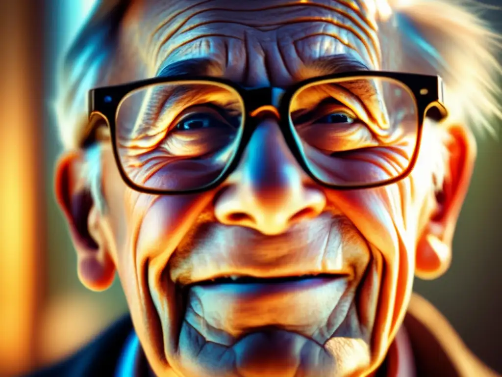 Un retrato detallado de una persona mayor usando gafas, con luz solar iluminando su rostro y reflejándose en los lentes. <b>Transmite sabiduría y experiencia.</b> <b>Atmósfera serena.</b> <b>Suplementos para mejorar la visión en mayores.