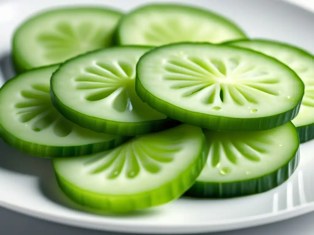 'Rondas finas de pepino fresco en un elegante plato blanco, reflejando frescura y hidratación. <b>Beneficios del pepino para hidratación.'