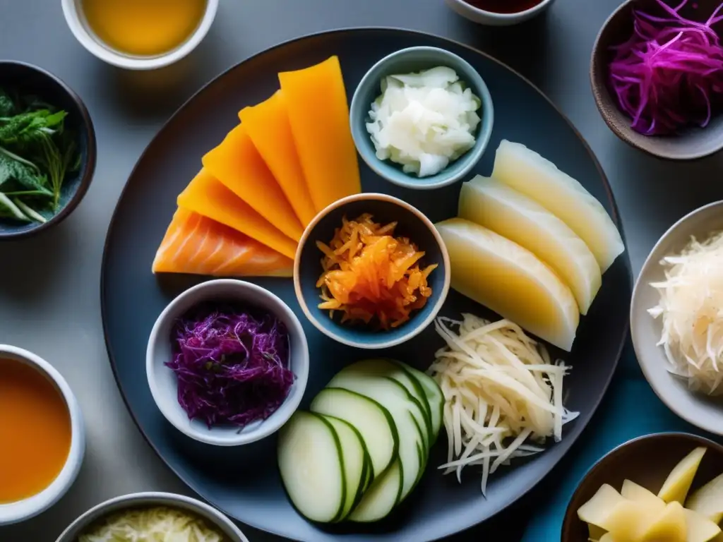 Una selección de alimentos fermentados con colores vibrantes y texturas cautivadoras, resaltando los beneficios para la salud intestinal.