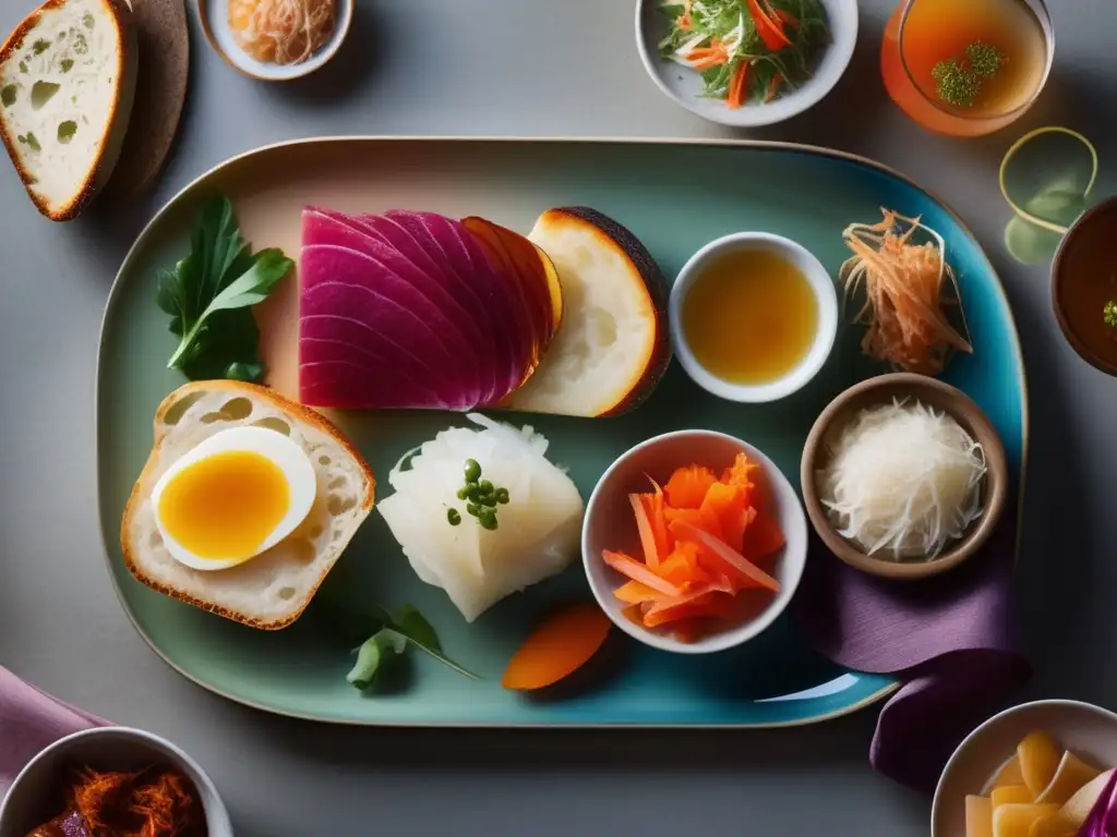 Una selección de alimentos fermentados para salud intestinal, presentados de forma artística en un elegante plato.