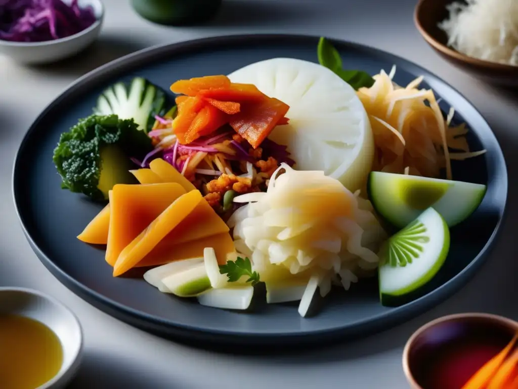 Una selección artística de alimentos fermentados con beneficios para la salud intestinal, mostrando su frescura y sofisticación.