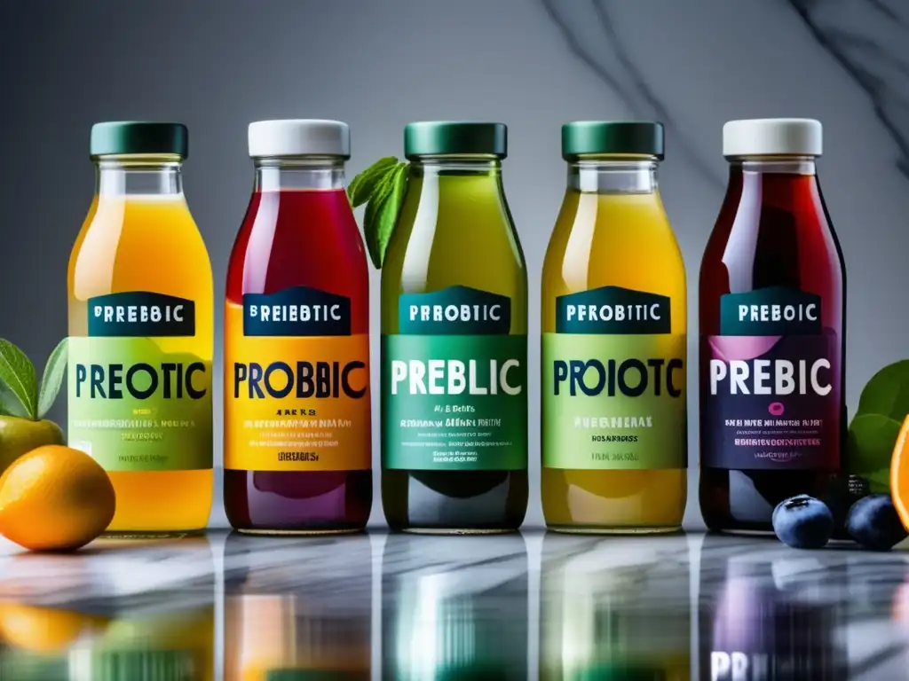 Una selección de bebidas prebióticas para dieta saludable en botellas de vidrio rodeadas de frutas frescas y hierbas en una encimera de mármol.
