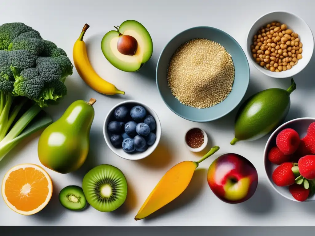 Una selección colorida y fresca de alimentos saludables en una cocina moderna. Dieta para prevenir y tratar gastritis.