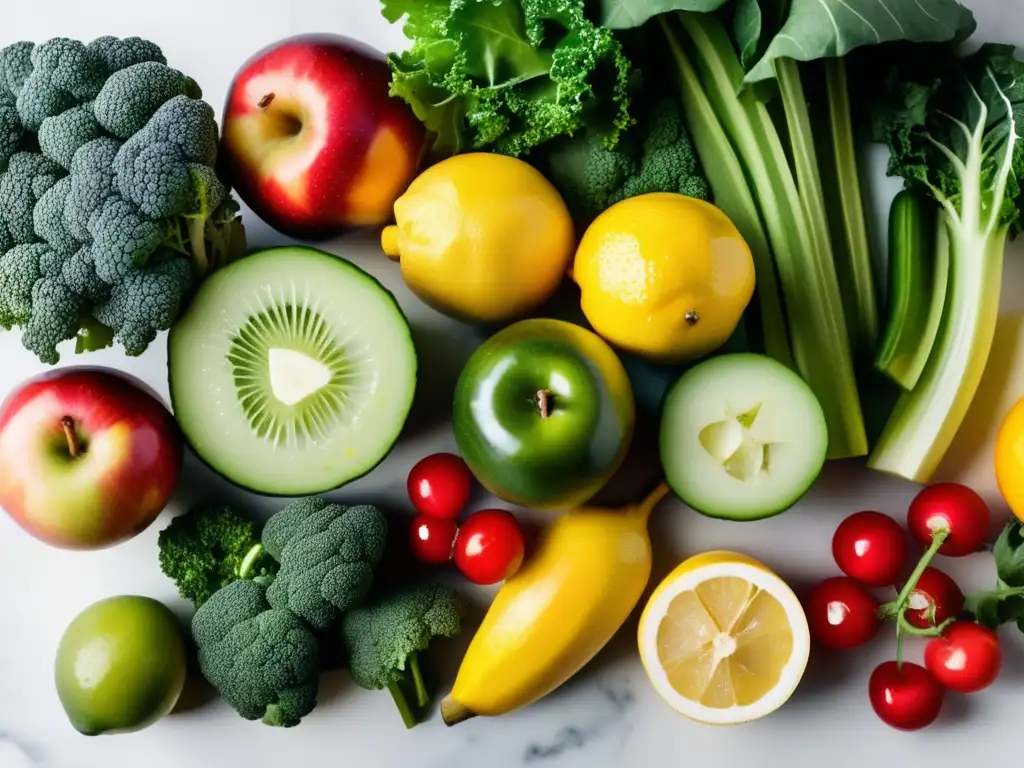 Una selección de frutas y verduras frescas en una elegante encimera de mármol blanco. <b>Los colores naturales resaltan, evocando frescura y salud.</b> La meticulosa disposición y el alto nivel de detalle transmiten una estética moderna y profesional, complementando perfectamente el tono informativo del artículo sobre