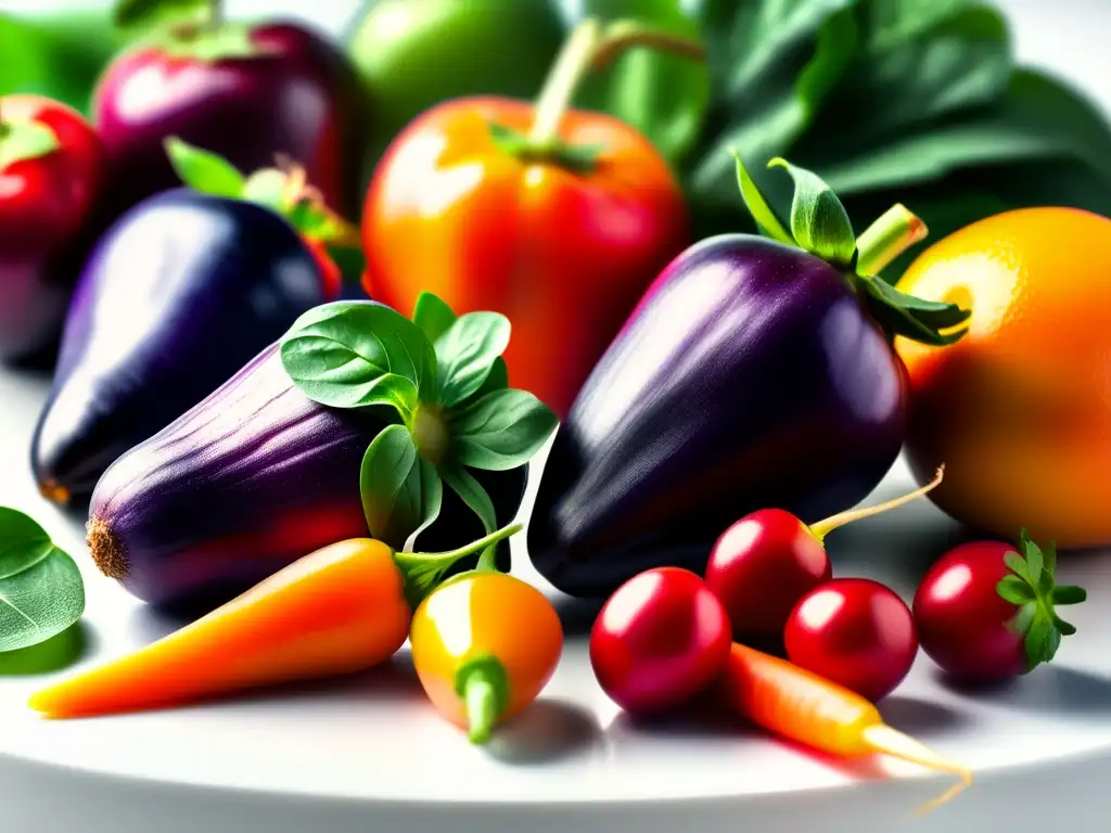 Una selección de frutas y verduras orgánicas frescas y vibrantes, dispuestas con arte en una encimera blanca moderna. Colores ricos y variados, texturas detalladas y una iluminación suave crean una imagen visualmente impactante. <b>Significado y relevancia de etiqueta orgánico.