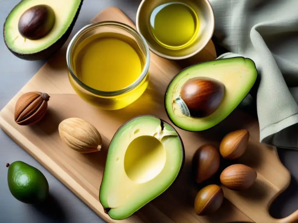 Una selección de grasas saludables como aguacates, nueces y aceite de oliva sobre tabla de madera, iluminación suave y colores vibrantes. <b>Una composición moderna y limpia que resalta la belleza natural de los ingredientes.</b> <b>Ideal para control diabetes.