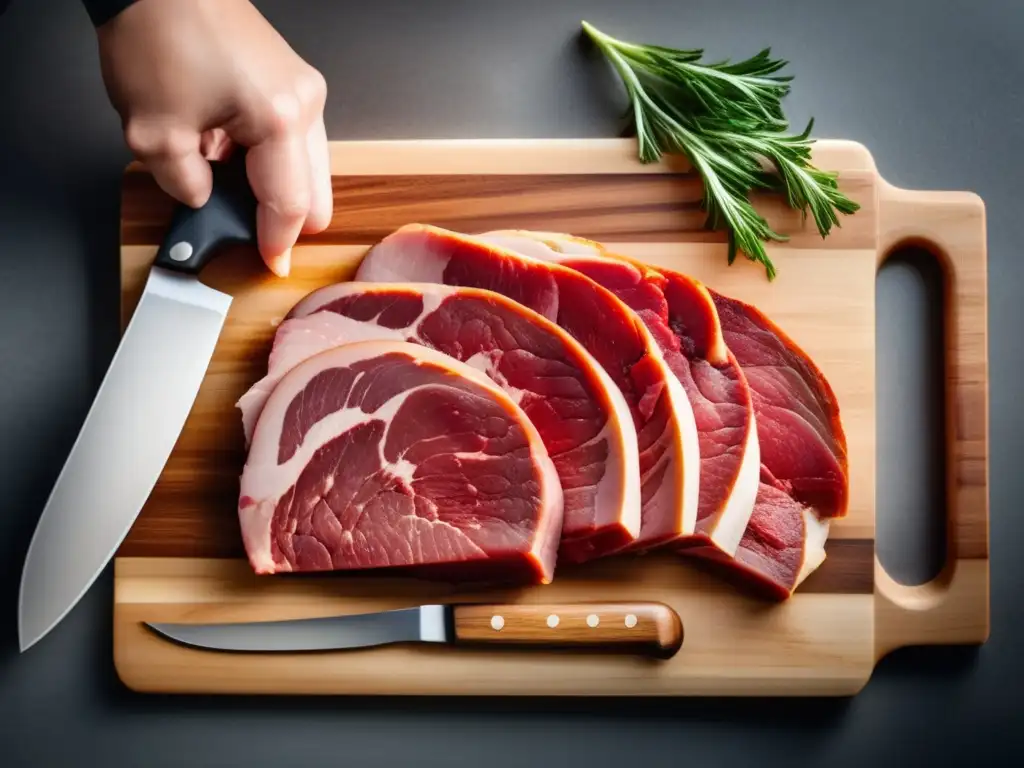 Una selección de los mejores cortes de carne magra, exhibidos de forma artística en una tabla de cortar moderna por un chef profesional.