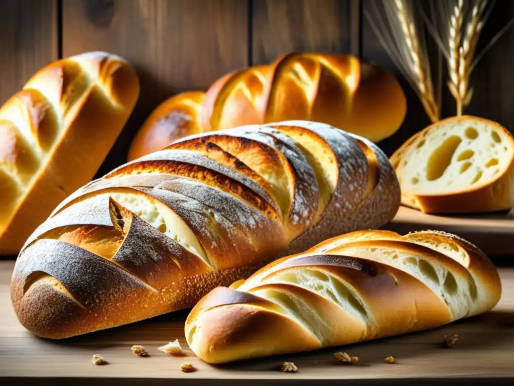 Una selección de pan artesanal en una mesa rústica, resaltando la variedad y texturas. <b>Ideal para el consumo de pan en dietas.