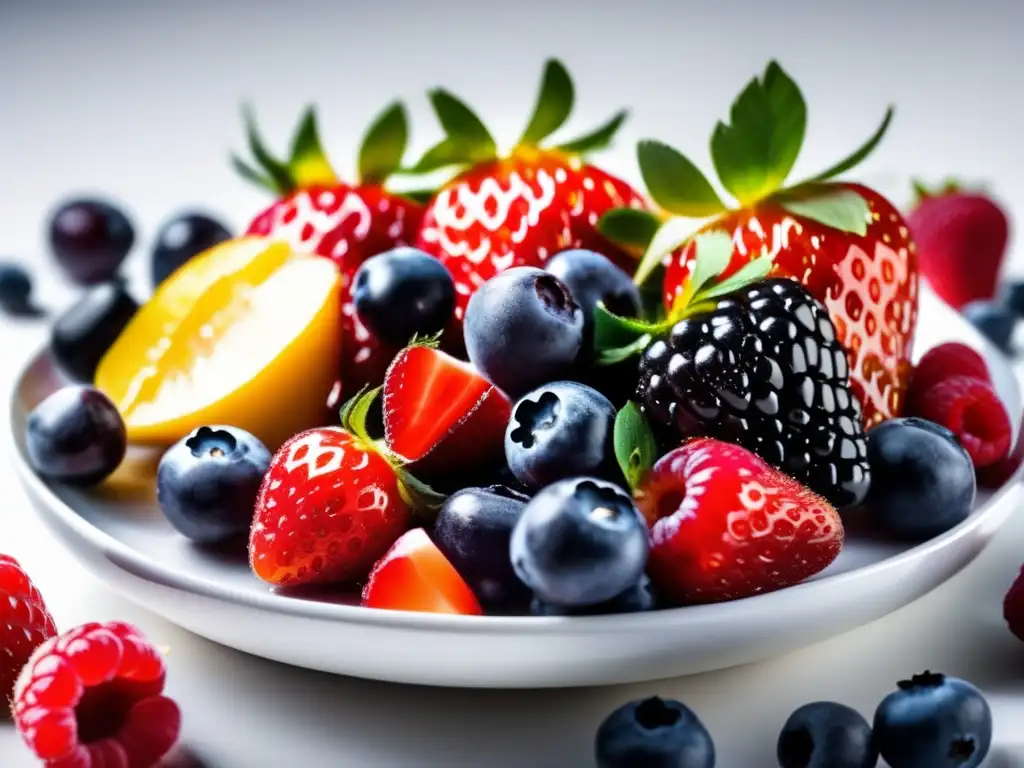 Una selección vibrante de frutas frescas con fresas, arándanos, frambuesas y moras en un plato blanco moderno. <b>Perfectas alternativas saludables para sustituir el azúcar en recetas.
