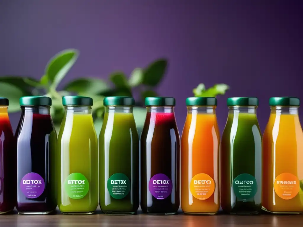 Una selección vibrante de jugos detox recién preparados en elegantes botellas de vidrio, con colores naturales y frescos adornos de frutas, hierbas y flores comestibles. La luz destaca las gotas de condensación, realzando la naturaleza refrescante y rejuvenecedora de estos jugos