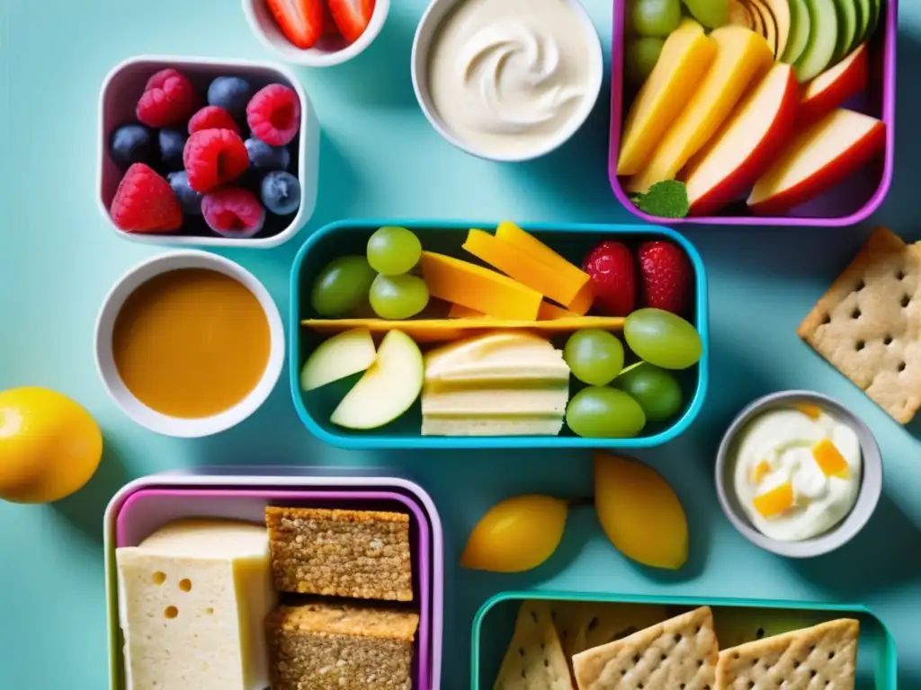 Una selección vibrante y moderna de snacks saludables para lonchera niños, incluyendo frutas, verduras, crackers integrales, yogur y hummus.