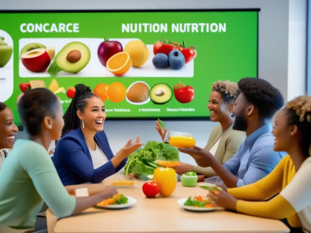 'Una sesión educativa interactiva sobre nutrición saludable en un aula moderna y dinámica, con participantes diversos y entusiastas'.