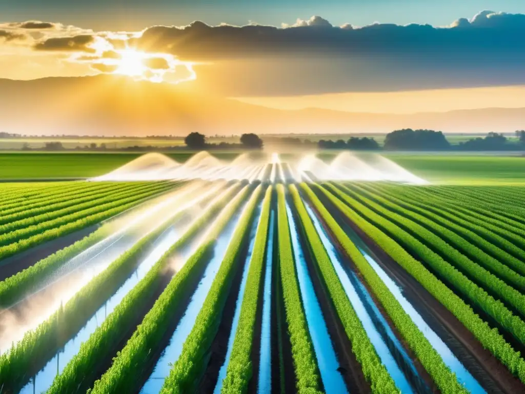 Espléndido sistema de riego irriga campos verdes Un sistema de riego moderno y extenso cubre un campo agrícola verde y exuberante, con cultivos vibrantes que se extienden hacia el horizonte. <b>Las tuberías y rociadores brillan bajo la luz del sol, mientras las gotas de agua crean un espectáculo fascinante.</b> La escena capt