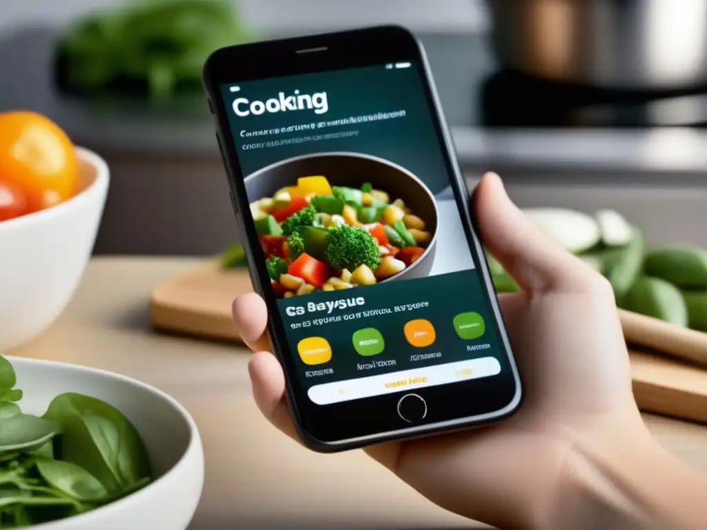 App de cocina: recetas saludables y deliciosas en smartphone Un smartphone muestra una app de cocina con platos saludables. Destacan ingredientes frescos y pasos sencillos para cocinar.